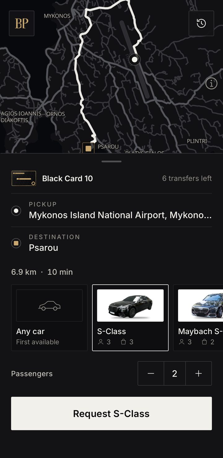 The Black Premium app: choosing the car and the route for a ride in Mykonos