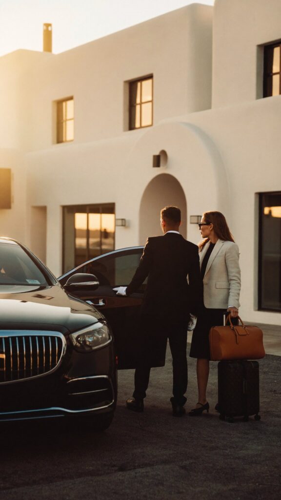 Chauffeur greeting guests beside a black Mercedes-Benz S-Class in Mykonos