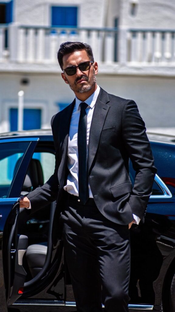 Black Premium chauffeur in a dark suit beside the car