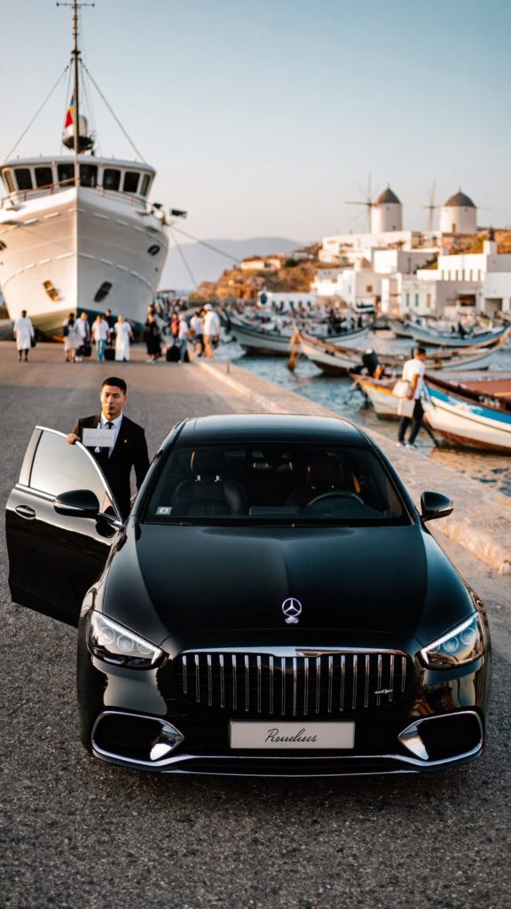Chauffeur waiting with a black Mercedes at the Old Port of Mykonos
